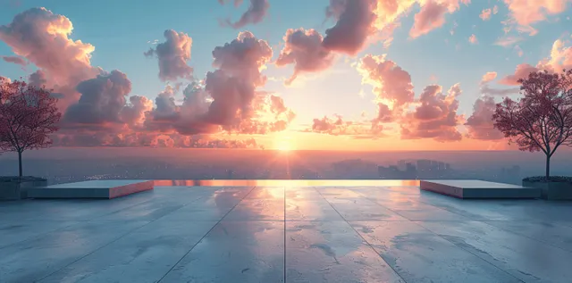 Empty concrete rooftop platform with geometric lines and a city horizon under a glowing sunset sky.