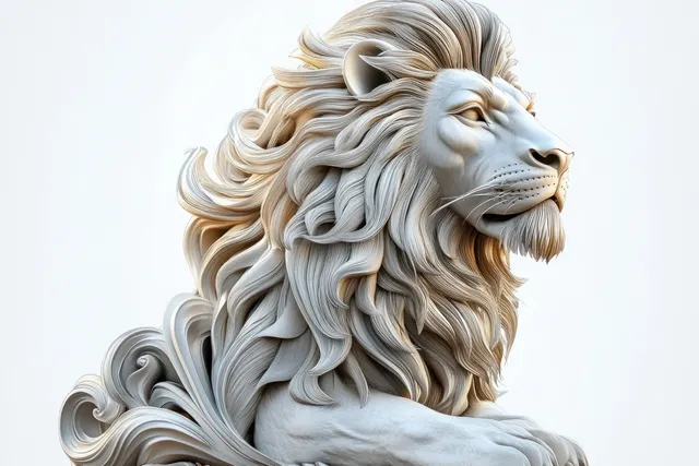 A white lion sculpture with a swirling mane and calm proud profile sits against a plain light background.