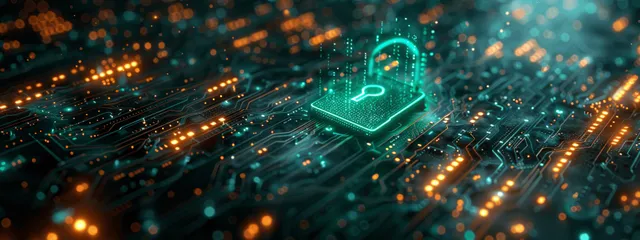 Futuristic cybersecurity lock icon over networked motherboard traces during login verification