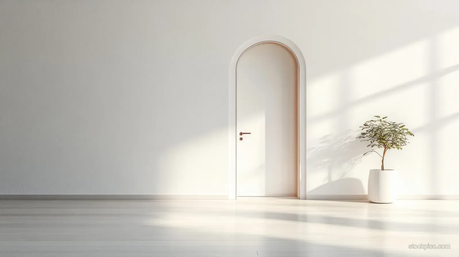 A half-open white door lets bright light spill into a minimal interior with a small potted plant.