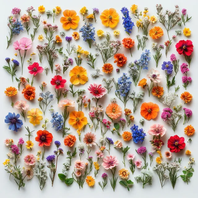 Assorted wildflowers and small blossoms arranged on white background with vivid petals and green stems