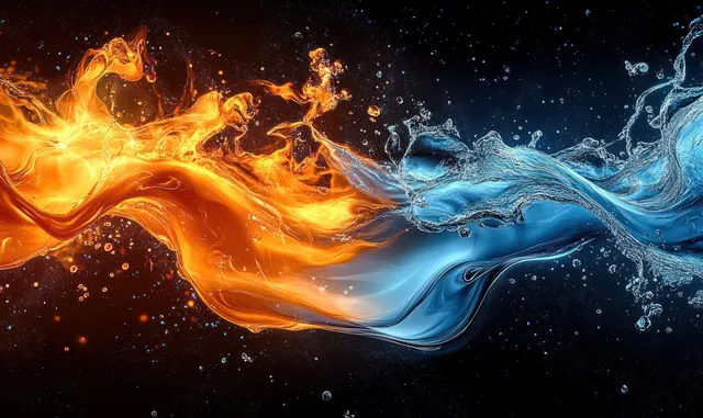 Orange flames and blue water swirl together in a dramatic collision, throwing droplets and sparks against a dark background.