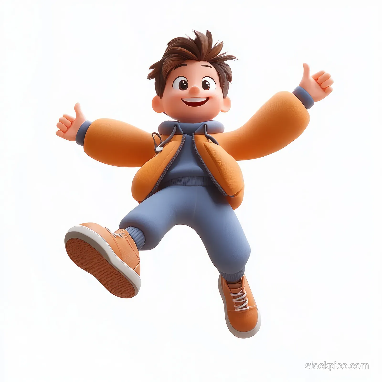 Cartoon boy leaps with arms spread, wearing a blue hoodie, gray pants, and brown sneakers on a white background.