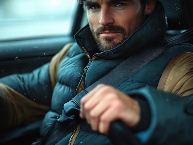 Focused man in a winter jacket drives with a seatbelt on as snowflakes are visible on the car window.