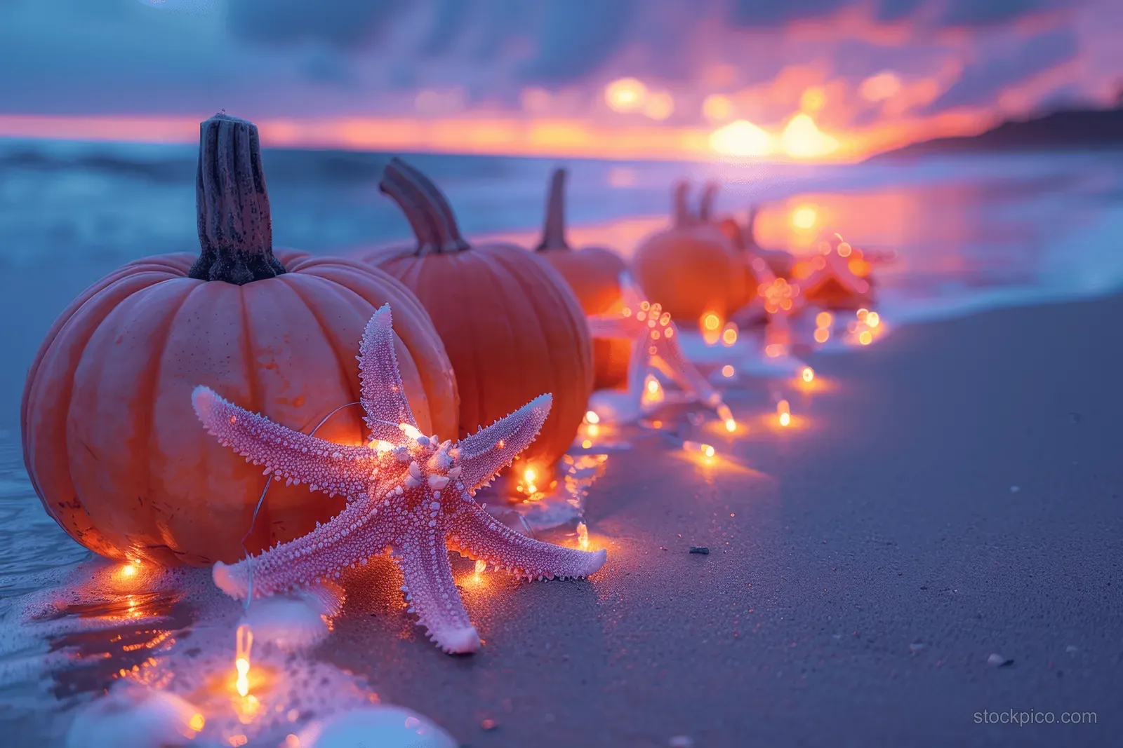 Carved glowing pumpkins and starfish sit on wet beach sand with lantern lights along the shore at sunset.