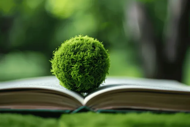 Open book with a moss-green globe on the pages and blurred forest greenery in the background.