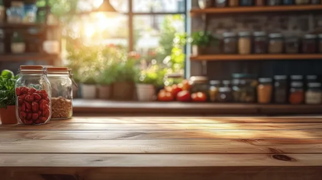 Glass jar of raspberries on a wooden kitchen counter with blurred shelves of produce in warm sunlight.