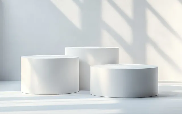 Three white cylindrical pedestals in soft light on a plain white backdrop