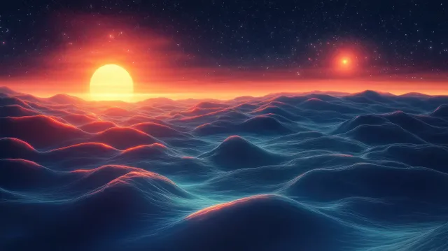 Two glowing orange suns set over a starry cosmic sea where blue light waves ripple across the landscape.