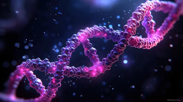 Glowing pink and purple DNA double helix strands float in a dark, particle-filled background.
