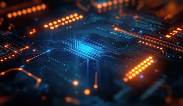 Futuristic circuit board close-up with glowing orange and blue pathways, illuminated components with Digital Systems