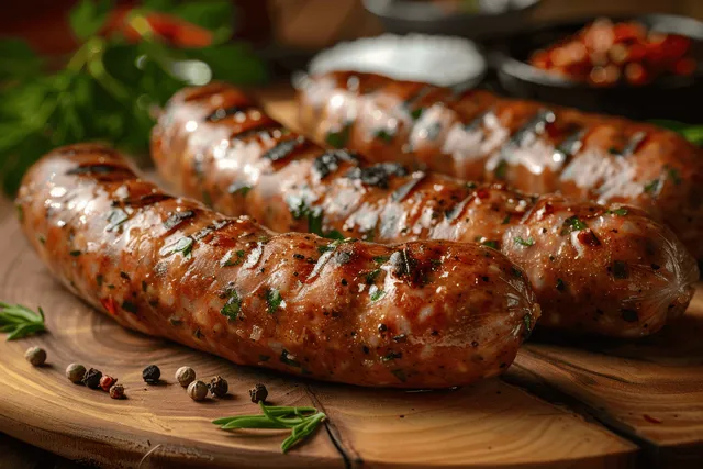 Grilled pork and beef sausages on a wooden board with fresh herbs and visible charred grill marks.