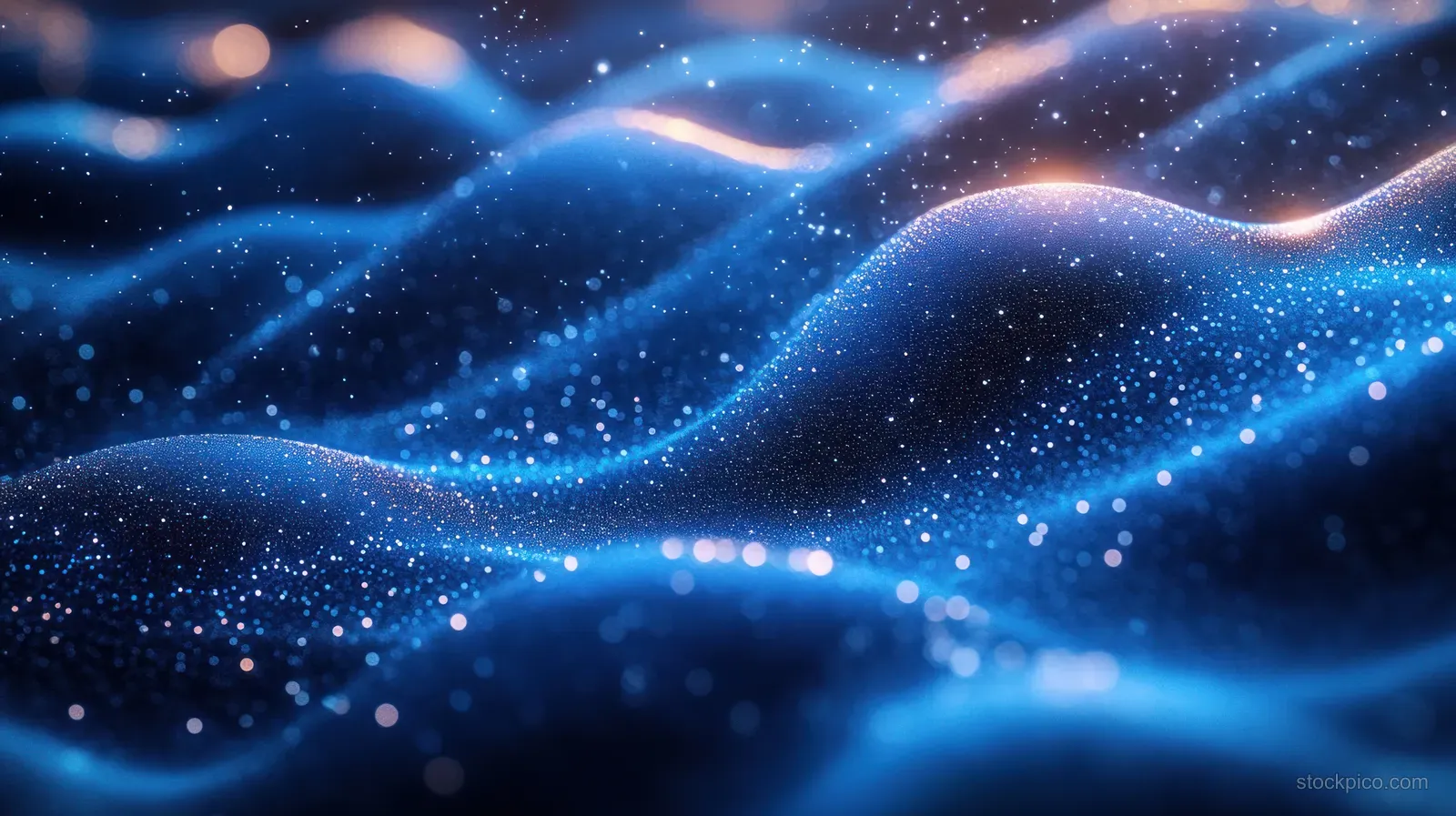 Glowing blue wave forms ripple across a dark background with floating luminous particles.