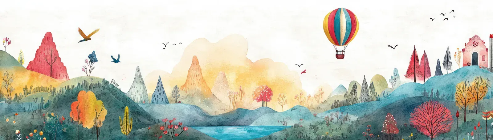 Watercolor countryside scene with a hot air balloon above a lake, colorful hills, birds, and distant mountains.