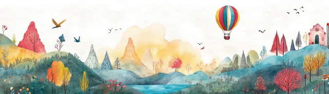 Watercolor countryside scene with a hot air balloon above a lake, colorful hills, birds, and distant mountains.