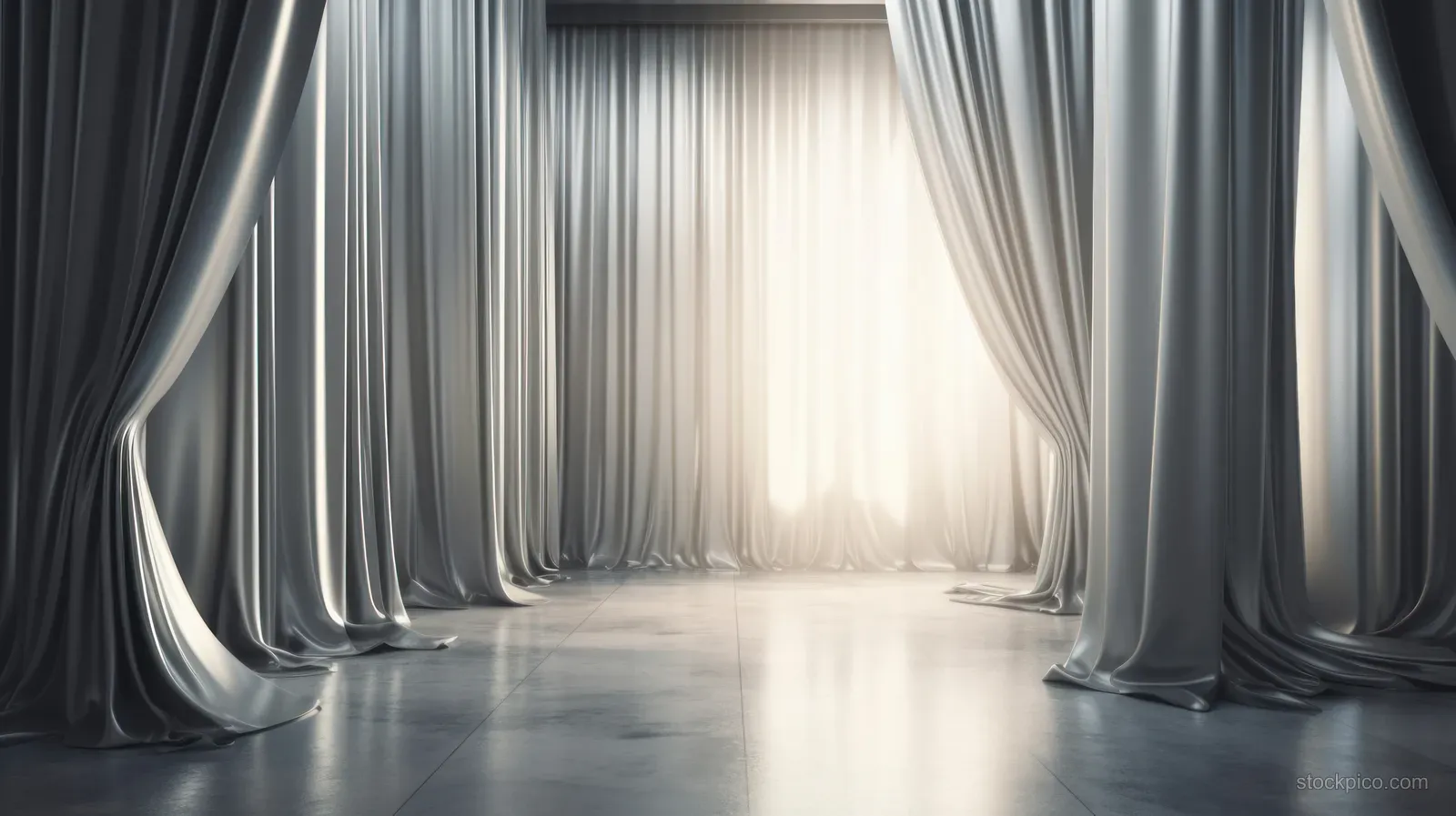 Shiny blue-gray curtains frame a white ice-textured floor with soft winter glow.