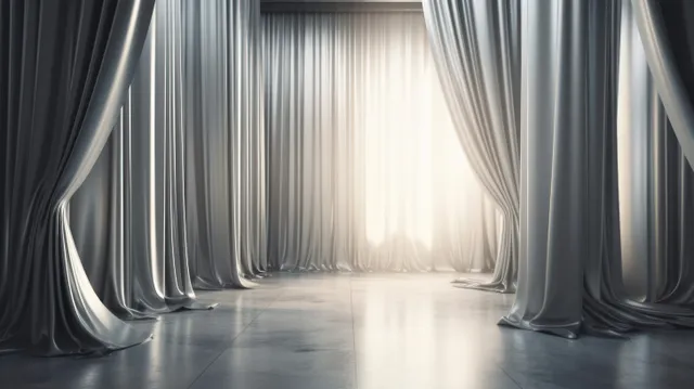 Shimmering blue-gray curtains frame a white ice-like floor with winter glow