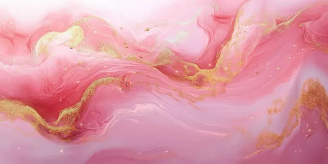 Pink and gold fluid marble background with glowing swirls and silky texture