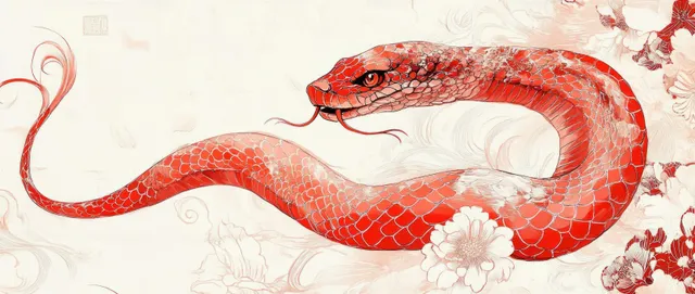 Red Chinese zodiac snake coils in ink-wash style artwork for Lunar New Year celebration