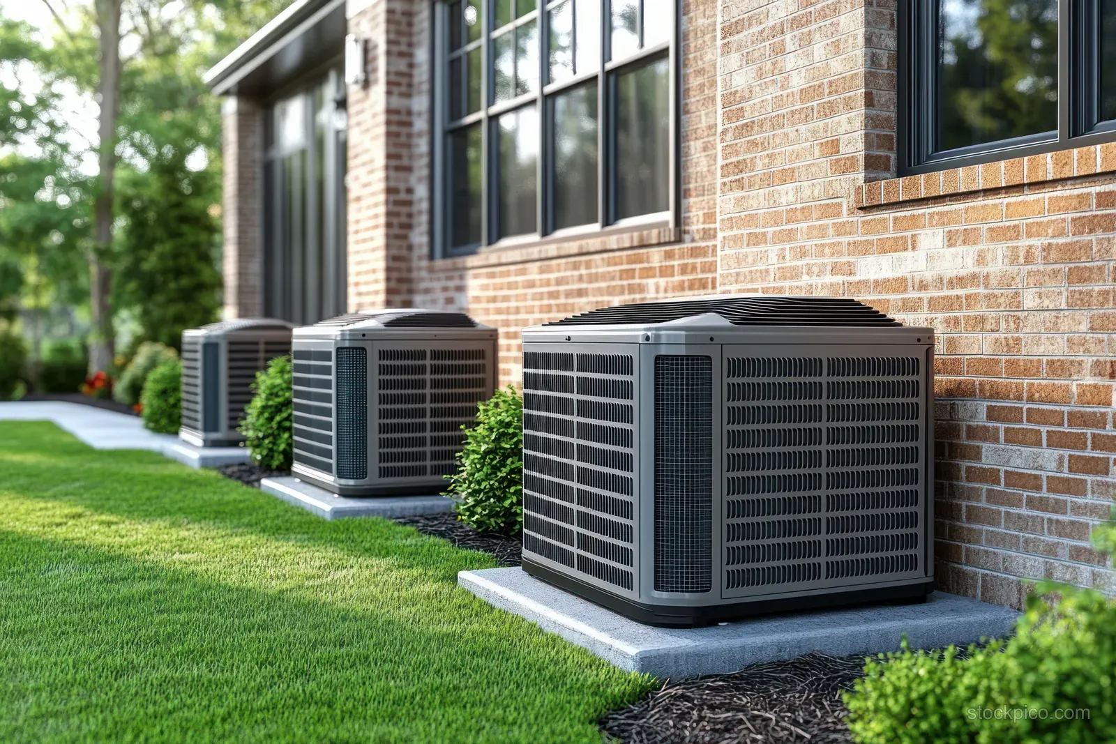 Three outdoor air conditioner condenser units on concrete pads beside a brick house with green lawn and shrubs.