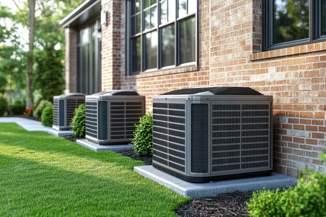 Three outdoor air conditioner condenser units on concrete pads beside a brick house with green lawn and shrubs.