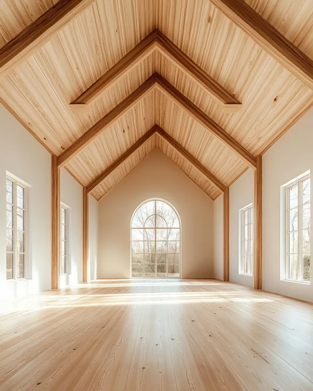 Sunlit empty room with light wooden floor, vaulted ceiling beams, and tall arched window filling the space with warm daylight.