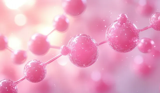 Pink vitamin C molecular spheres floating in soft pastel skincare serum background