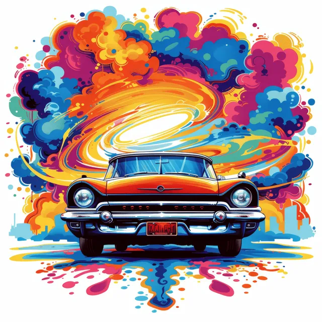 Retro orange car centered in front of a colorful psychedelic swirl explosion with splatter paint accents.