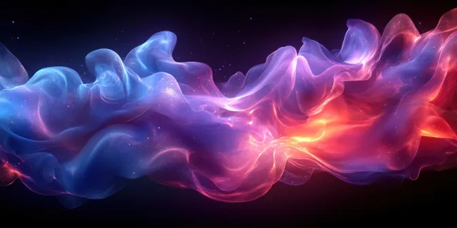 Neon smoke waves curl in a dark void, glowing blue purple and red highlights