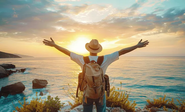 Hiker stands with arms wide on coastal bluff watching sunset over ocean horizon