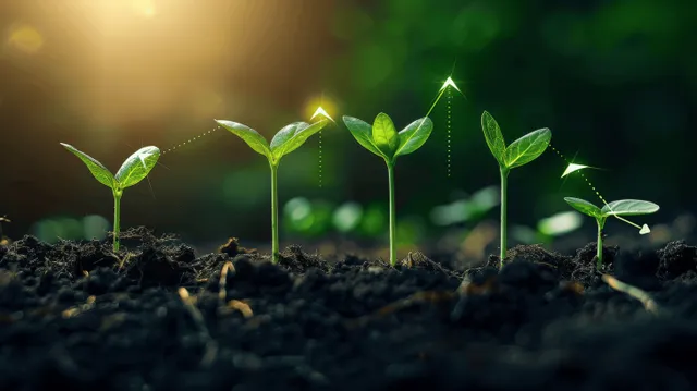 Green seedlings sprout from dark soil with a faint upward chart glow behind them.