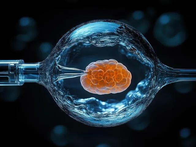 A glowing orange cluster inside a microscopic cell is held by precision laboratory tools against a dark background.