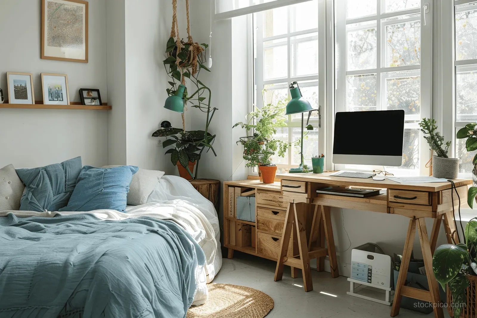 Minimalist teenage bedroom with blue bed linens, wooden desk, laptop, and hanging plants beside bright window light.