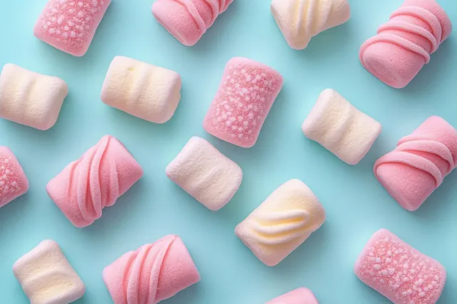 Pink and white marshmallows scattered on a light blue background with visible fluffy textures.