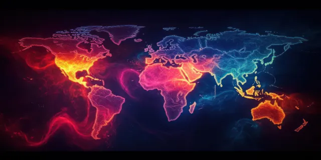 Glowing digital world map with continents outlined in fiery reds, oranges, blues, and purples and swirling energy trails.