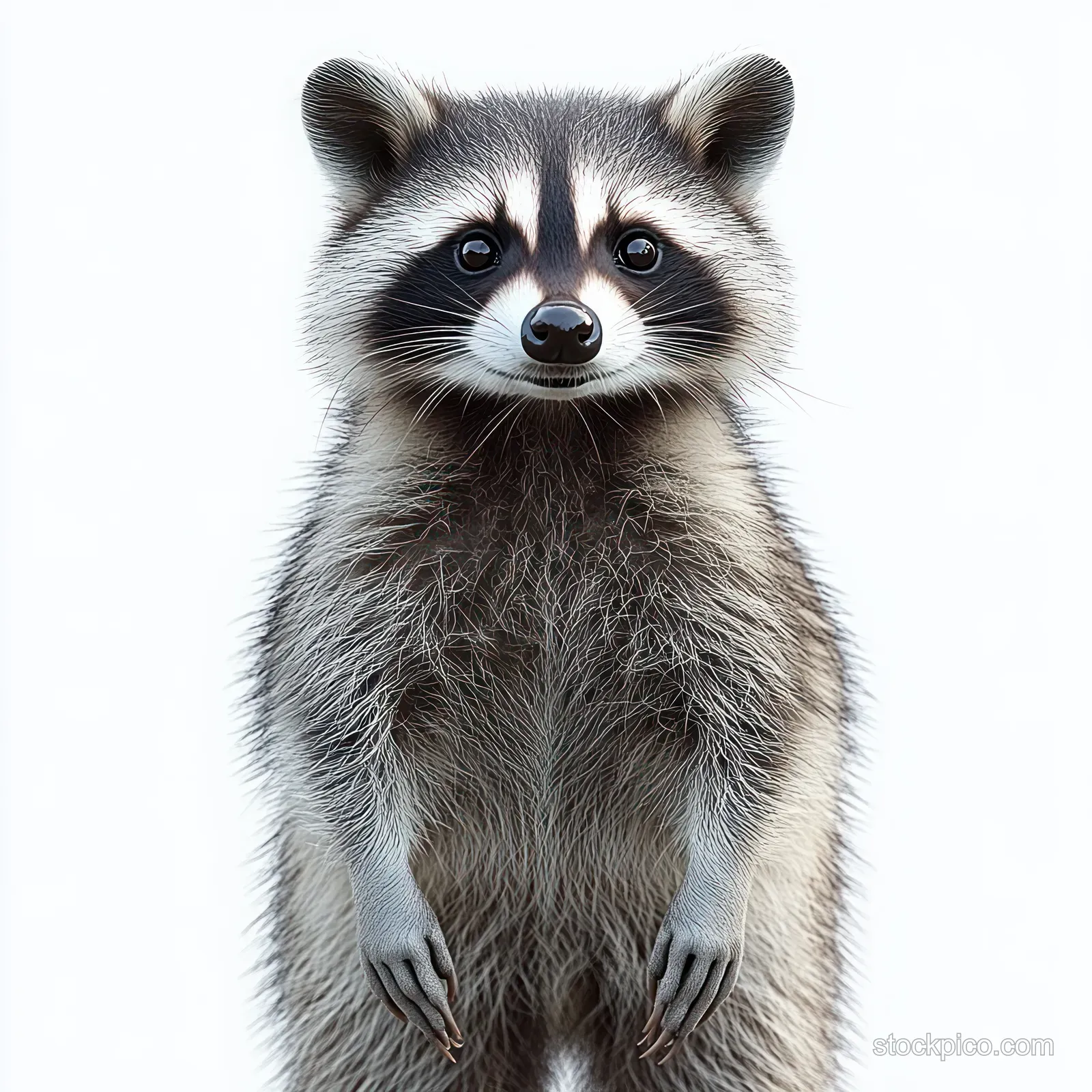 A raccoon stands on its hind legs with detailed gray fur and bright eyes against a white background.