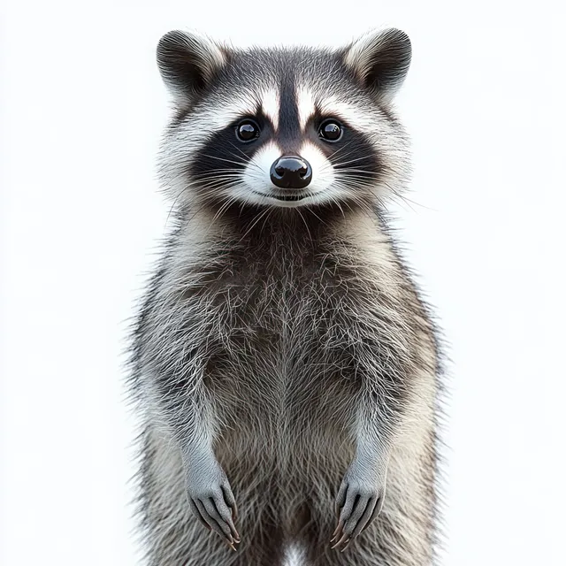 Curious raccoon portrait standing upright with detailed gray fur and bright eyes on white.