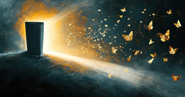 An open dark doorway emits golden light with many glowing butterflies flying through night-blue darkness.