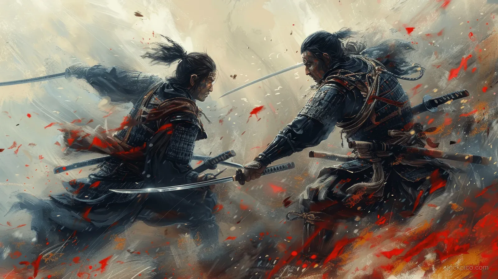 Two armored samurai clash swords in a rainy, misty battlefield with red debris flying between them.