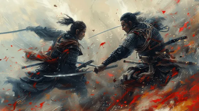 Samurai duel on rain-soaked battlefield, clashing swords amid falling mist and sparks