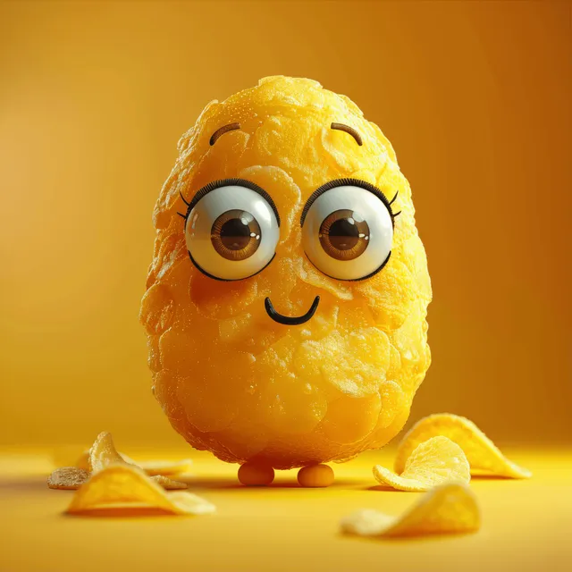 Cute 3D Potato Chip Mascot with Big Eyes on Yellow Background with Snack Character