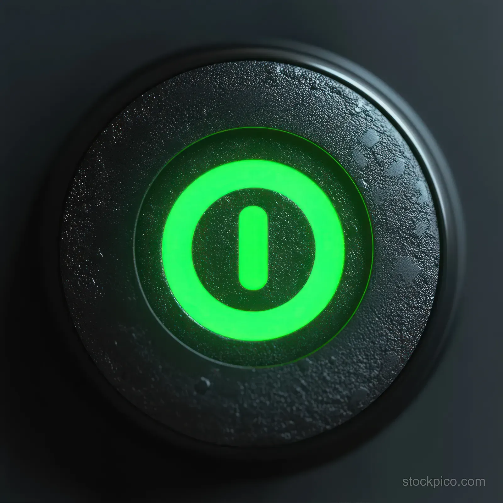 A textured black round power button glows with a bright green on symbol in the center.