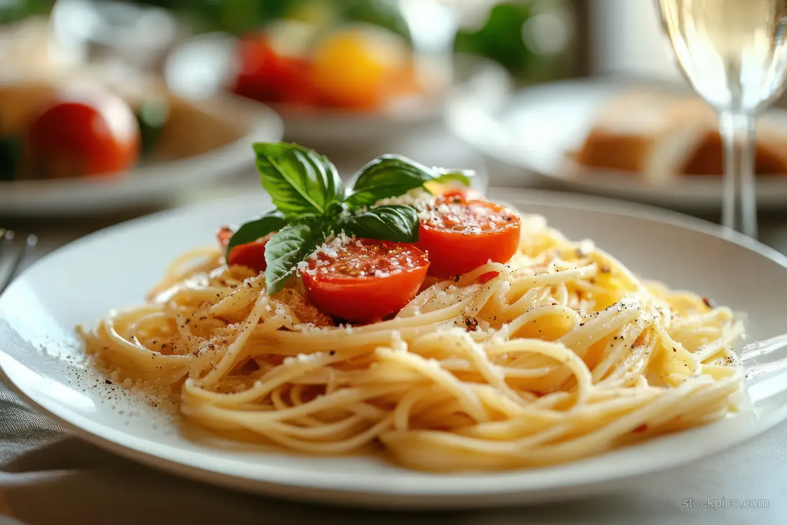Spaghetti on a white plate garnished with cherry tomatoes, basil, grated cheese, and black pepper under soft natural light.
