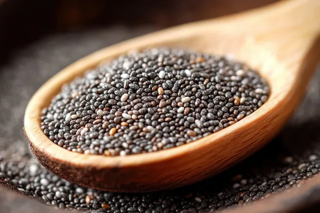 Wooden spoon heaped with black chia seeds, with extra seeds scattered on a dark surface.