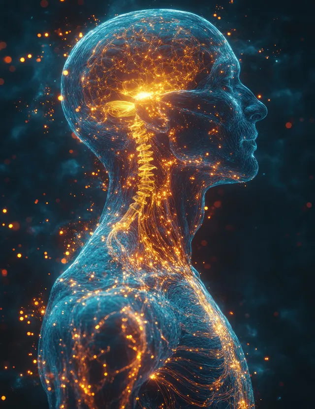 Side profile of a glowing male nervous system with bright brain and nerve pathways.