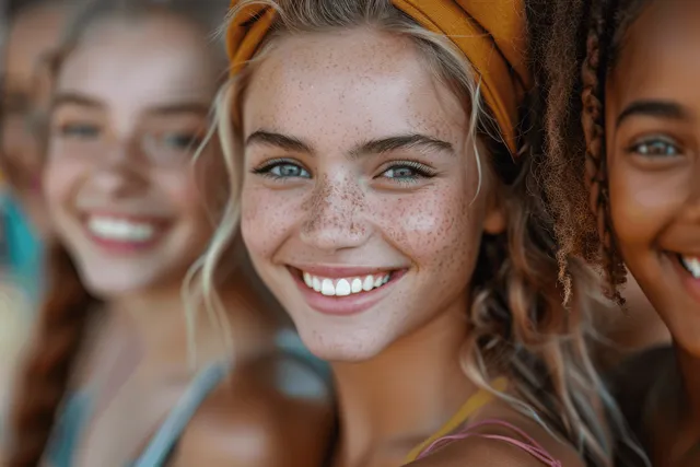 Close-up portrait of freckled woman smiling with yellow headband among joyful friends