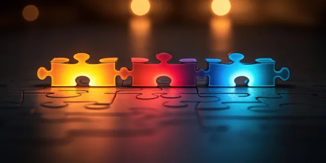 Colorful jigsaw puzzle pieces assembling together with reflective light on a dark corporate-themed background.