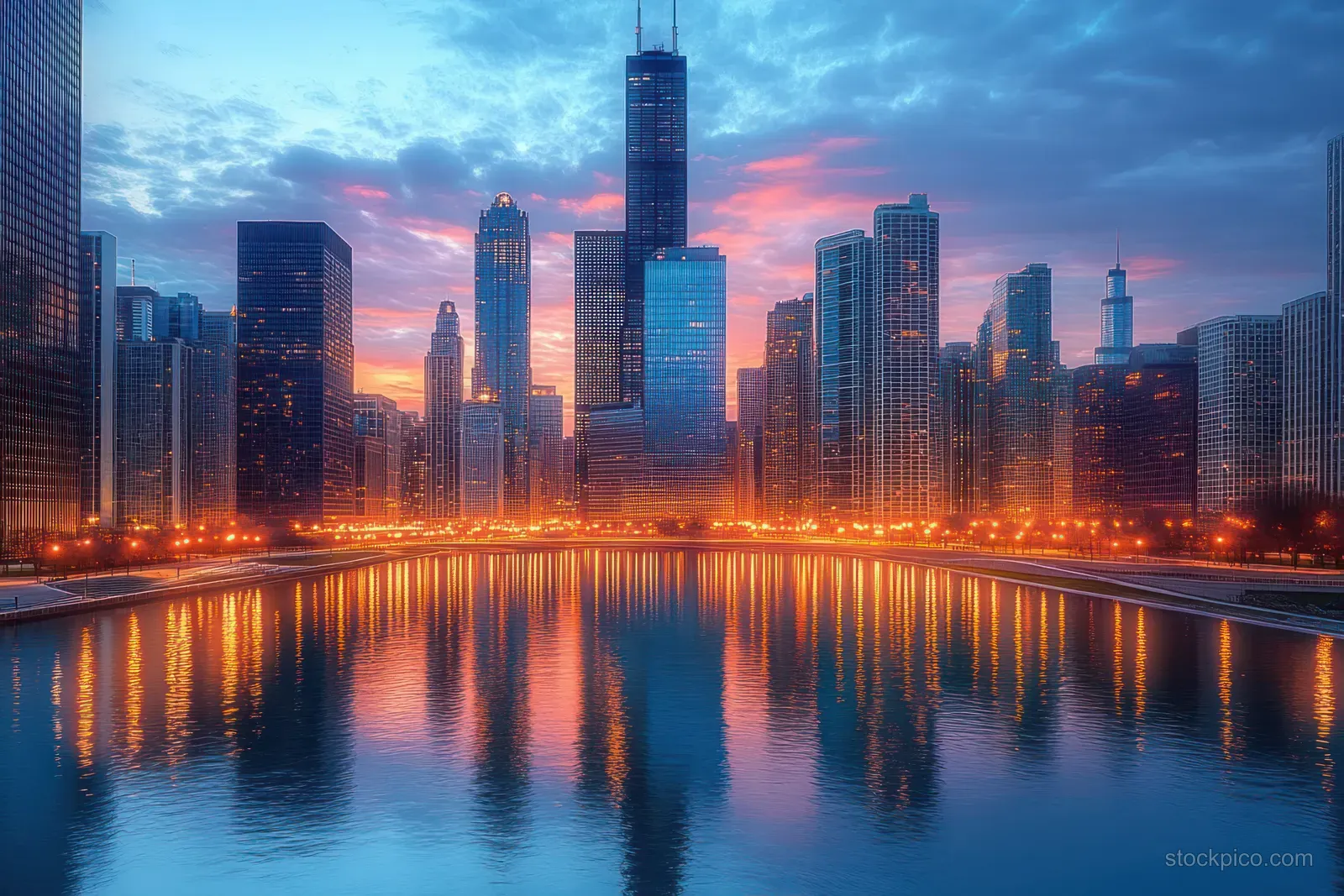 Chicago skyline at dusk with illuminated skyscrapers reflected in calm river water beneath a blue-hour sky.