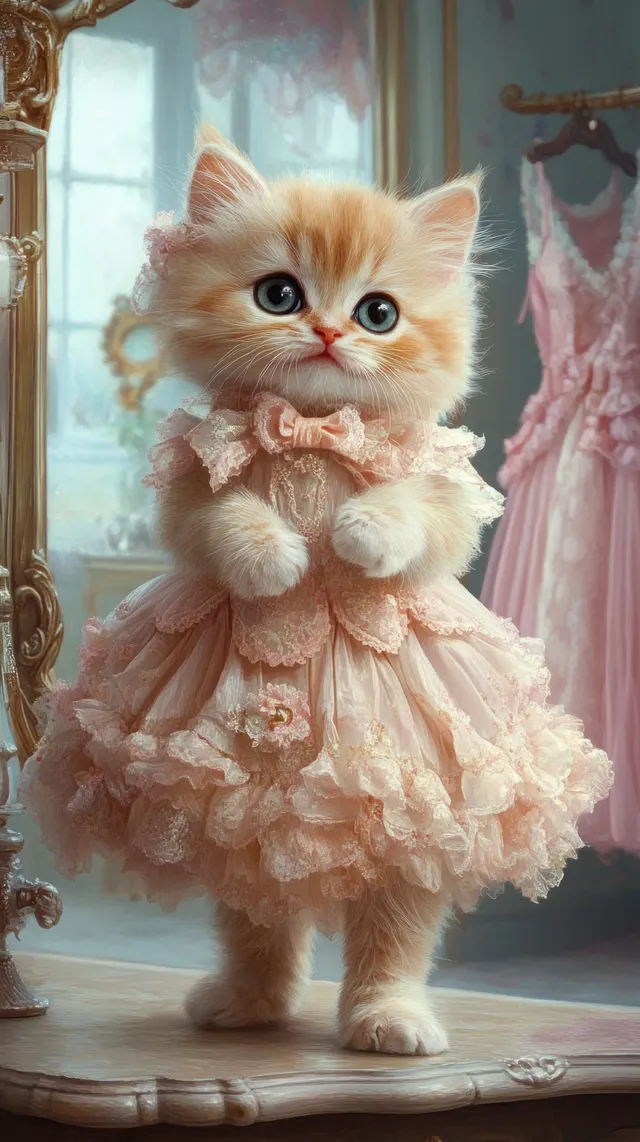 Fluffy kitten in a pink lace dress stands on wood with a mirror reflecting it and another dress hanging behind.
