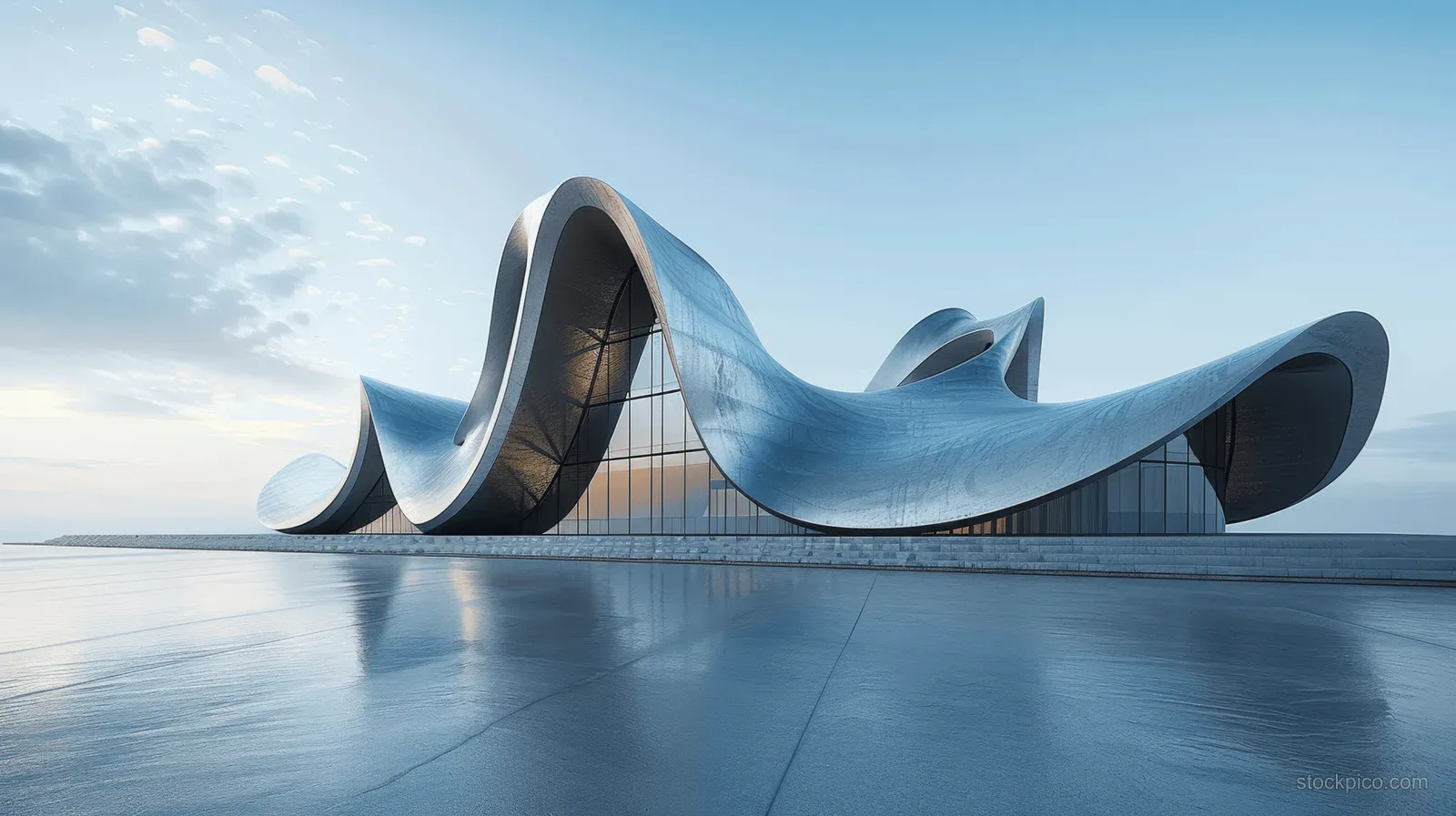 Minimalist futuristic concert hall exterior in Baku with a gradient silver metal shell and reflective concrete waterfront floor.